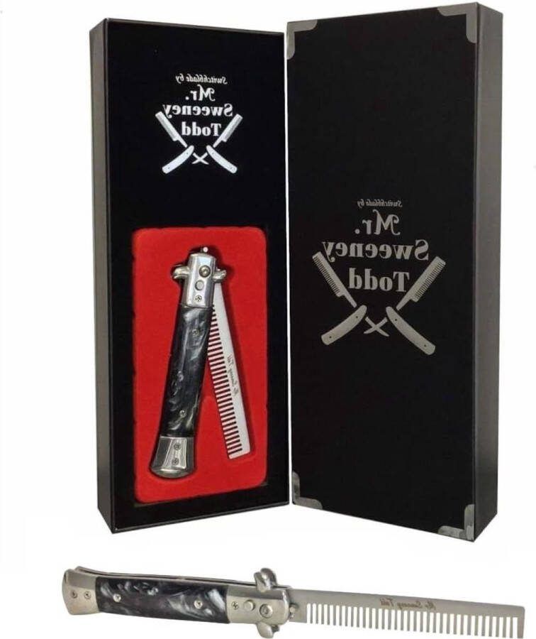 Switchblade Opvouwbare Kam RVS Drukknop Flick Comb Zwart Display Box
