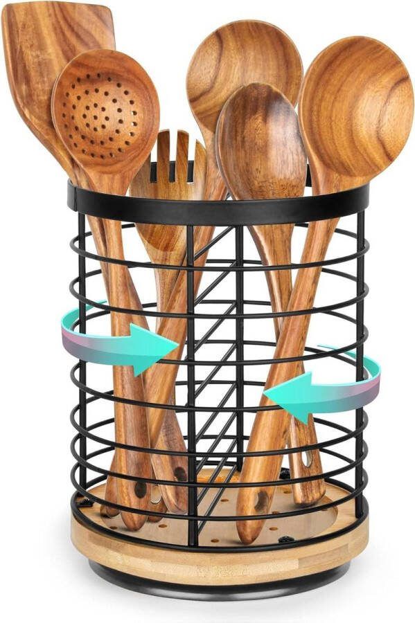 Swivel Holder for Kitchen Utensils Stainless Steel & Wooden Base Breathable and Easy to Dry Black Large spatelpot