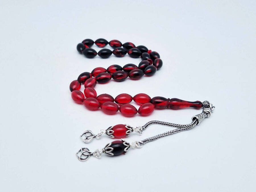 Synthetische hars Tasbih 33 Misbaha Kralen met 925 Zilver Kwastjes Hoge Kwaliteit Nieuw Ontwerp- Donkerrood kleur