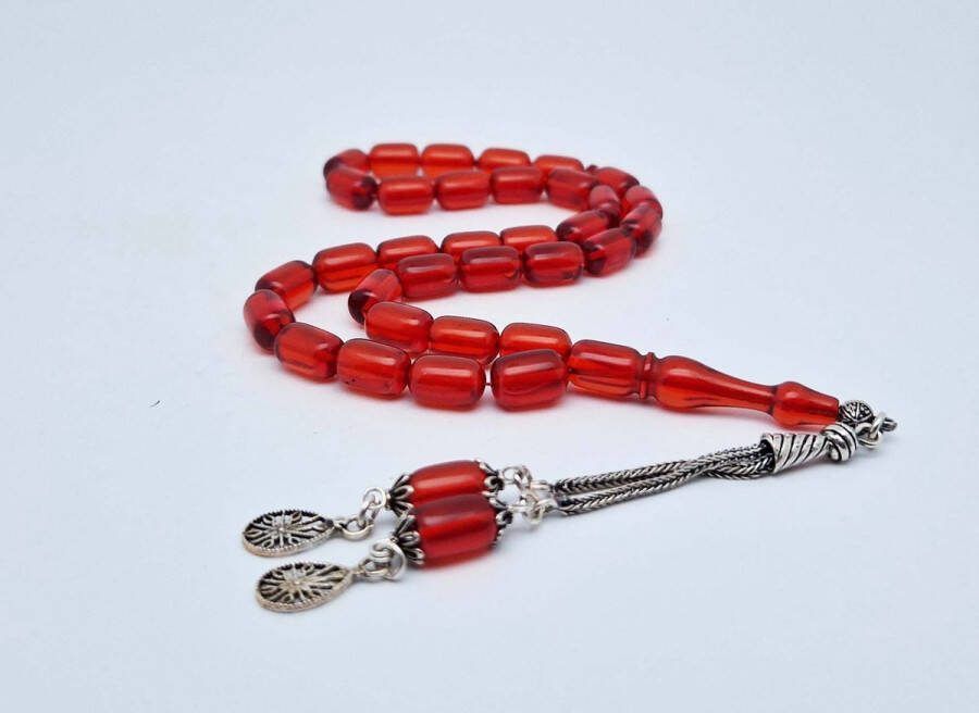 Synthetische hars Tasbih 33 Misbaha Kralen met 925 Zilver Kwastjes Hoge Kwaliteit Nieuw Ontwerp- Transparant rood kleur