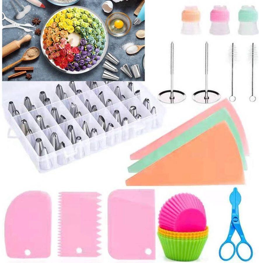 Taartdecoratieset 69 stuks spuitmonden voor glazuren roestvrijstalen spuitmonden spuitzakken en glazuurspatel met opbergdoos voor doe-het-zelf cupcakes taartdecoratie