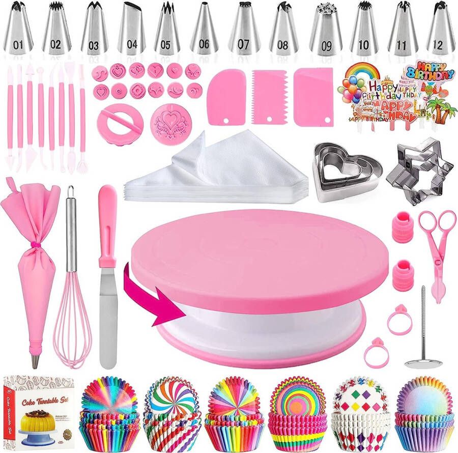 Taartdecoratieset Bakgereedschap Taartaccessoires Cake Decorating Supplies Kit Taartdecoratie Draaitafel Stand met Spuitmonden Taartschraper Spuitzakken (211Stuks)