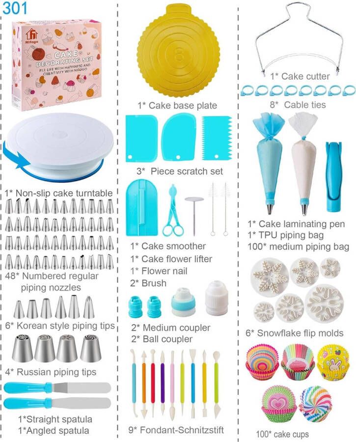 Taartdecoratiesets 301 stuks Taartaccessoires met draaibare taartplaat spuitmonden spuitzakken bakaccessoires voor cupcakes taarten