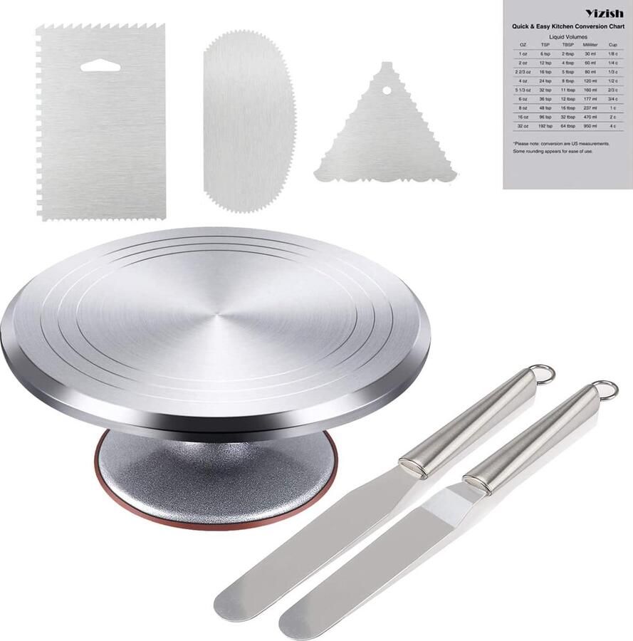 Taartplaat draaibaar aluminiumlegering 12 inch taartstandaard taartdraaitafel met roestvrijstalen glazuurspatel (2 stuks) en poeder gladder (3 stuks) voor bakken taartdecoratie gebak