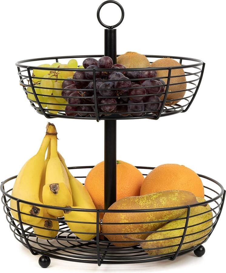 Taartplateau 2-laags zwart mat met grote ronde fruitborden voor presentatie stijlvolle fruitmand 2-laags fruitschaal hoogte 33 cm diameter 29 cm