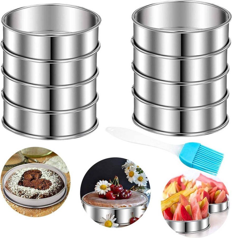 Taartring 8 stuks 304 roestvrij staal cakering crumpets taartvormen dessertringen mousse ringen siliconen borstel pannenkoeken eieren muffins zilver 8 x 25 cm