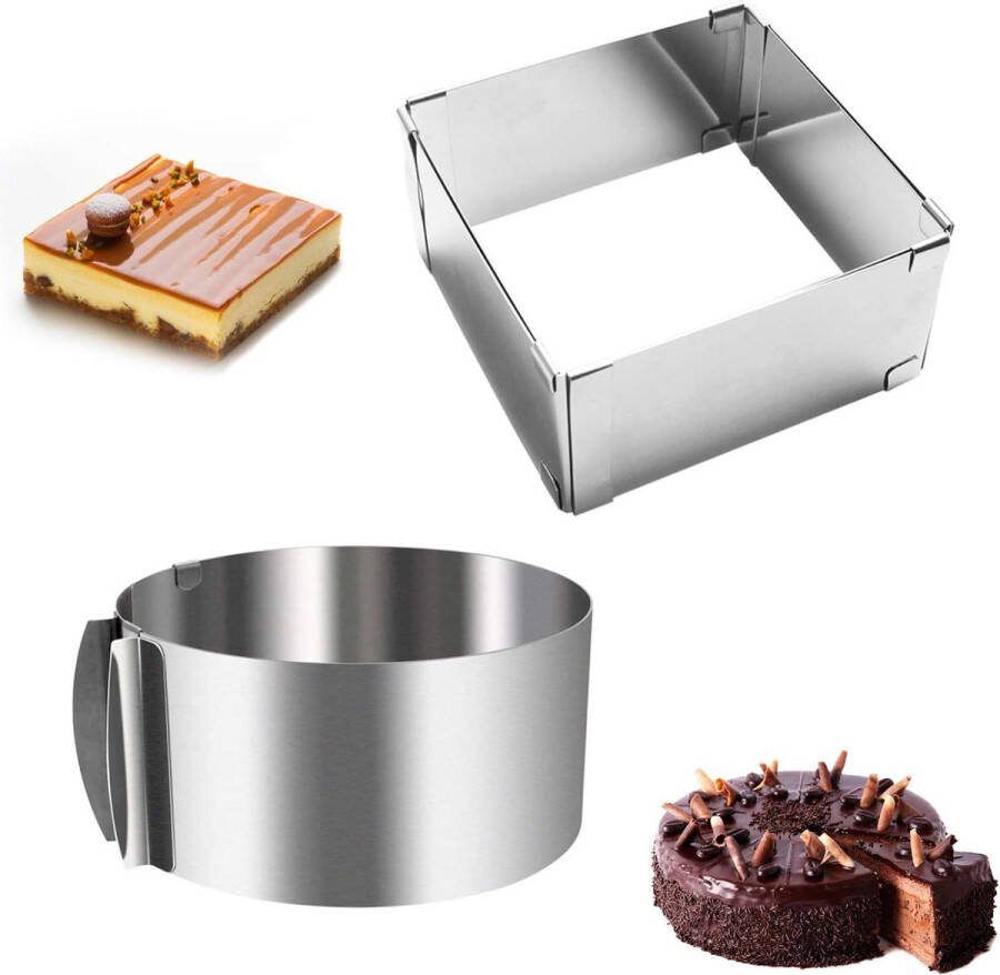Taartring verstelbaar 2-delige taartringenset RVS bakframe rechthoekig (15-28cm) + rond (Ø16-30cm 8 5cm hoog met schaalverdeling) voor het bakken van taarten pizza allround desserts