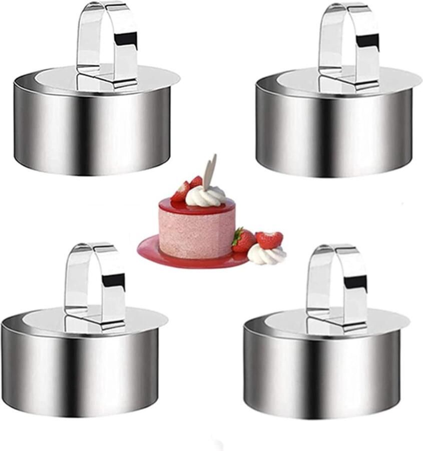 Taartringen roestvrijstalen dessertringen taartvorm set van 4 bevat 4 ringen en 4 levensmiddelenpersen 8 x 8 x 4 cm (4 x rond)