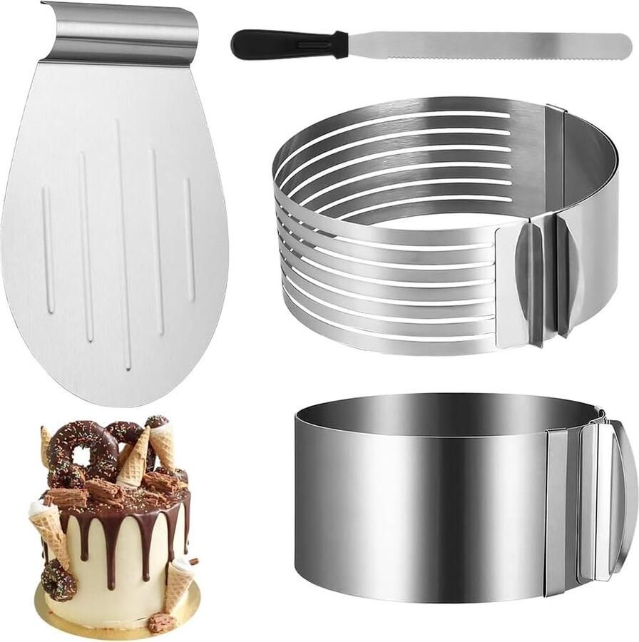 Taartringenset 4-delig taartbodem snijhulp + Ø 16-30 taartring verstelbaar + taartmes lang + Ø 24-30 taartschep roestvrij staal taartsnijhulp bakaccessoires voor keuken bakken