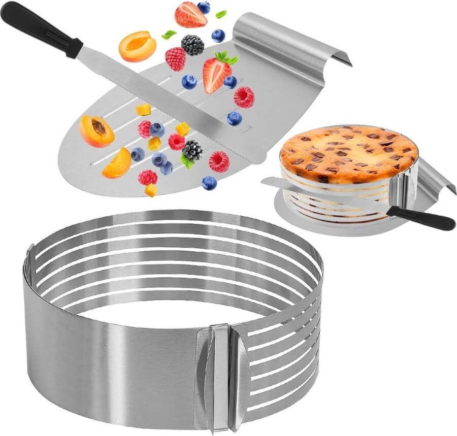 Taartringset taartbodem snijhulp + Ø 16-30 taartring verstelbaar + taartmes lang + Ø 24-30 taartschep roestvrij staal taartsnijhulp bakaccessoires voor keuken (3-zilver)