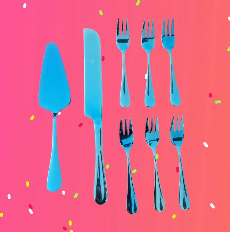 Taartset set van 8 RVS Stainless Steel Cake Serving Set 8 Psc Vaatwas bestendig Taartmes Taartschep Taartvorkjes Blauw