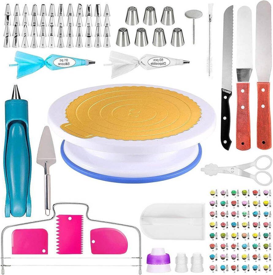 Taartsnijder 124 stuks taarten accessoires-bakaccessoires-taartplaat-taartdecoratie-draaibare bakset voor beginners met spuitzak-taartsnijder-spuitmonden set