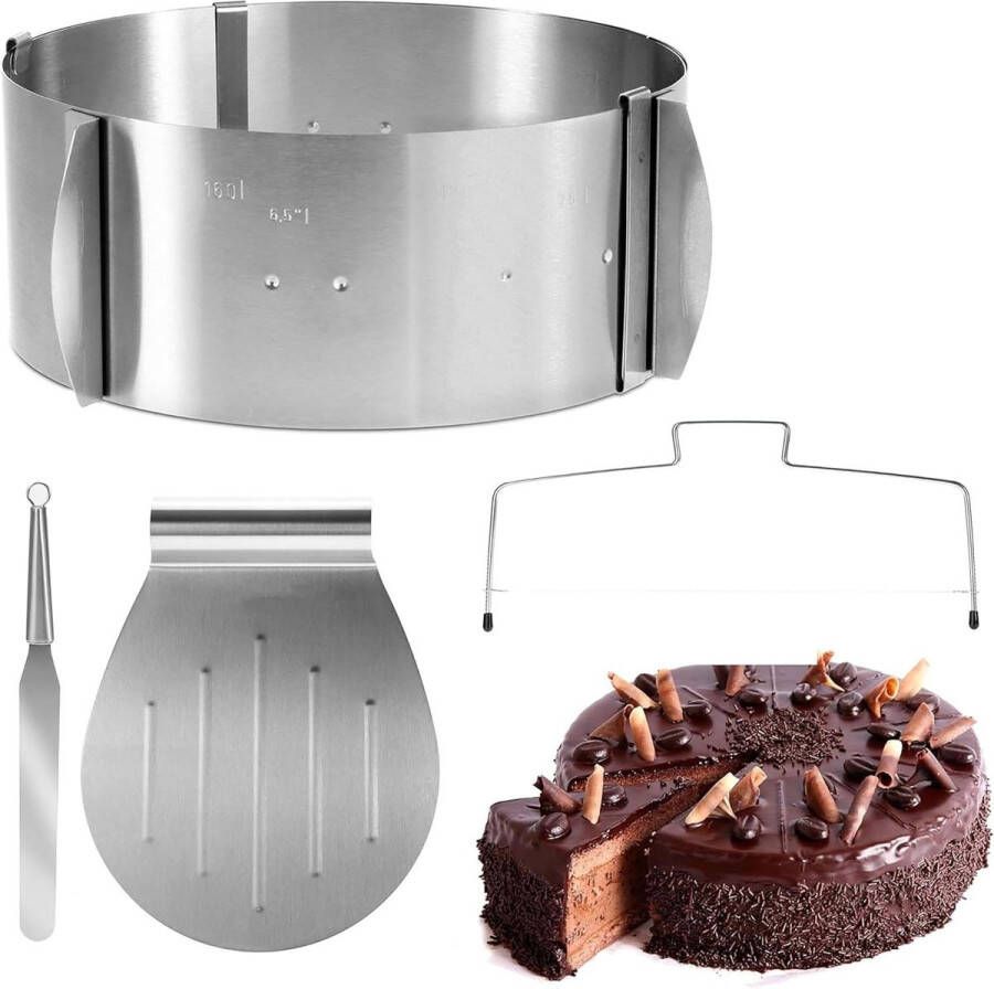 Taartsnijder 4-delige set taartaccessoires roestvrij staal taartring verstelbaar hoog 85 cm taartschep mes