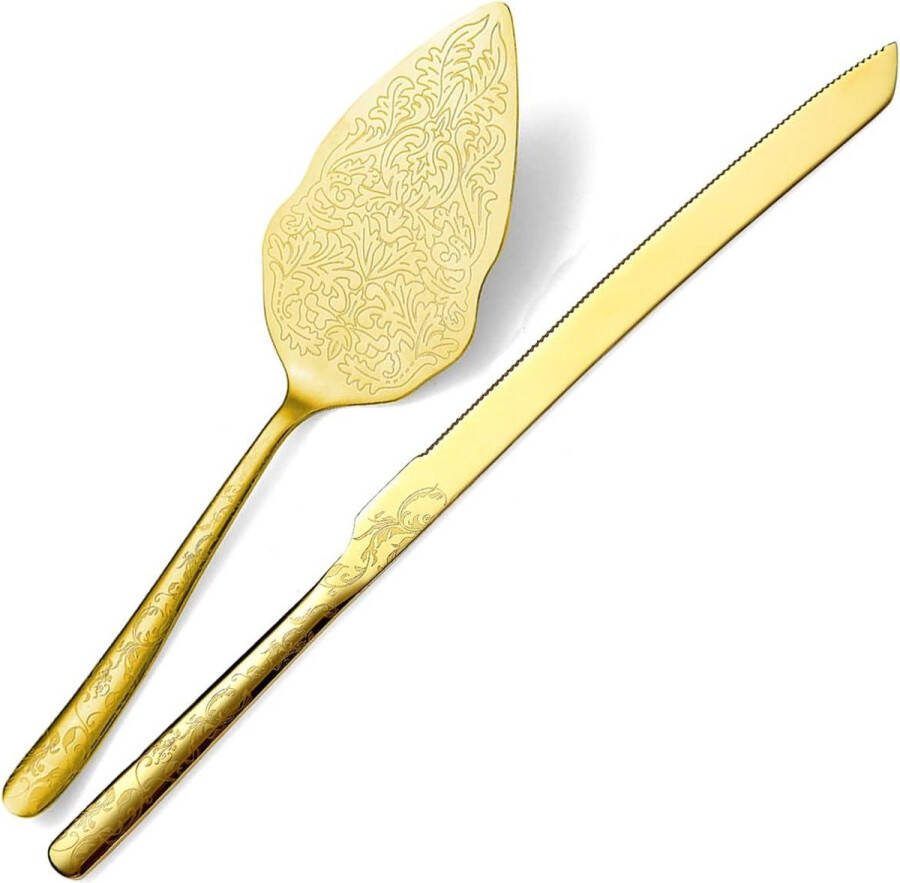 Taartsnijder Gouden Bruidstaart Mes en Server Set Titanium Goud Plating Uniek Patroon Ontwerp Taart Cutter Serveerset Perfect Voor Bruiloft Verjaardag Feesten