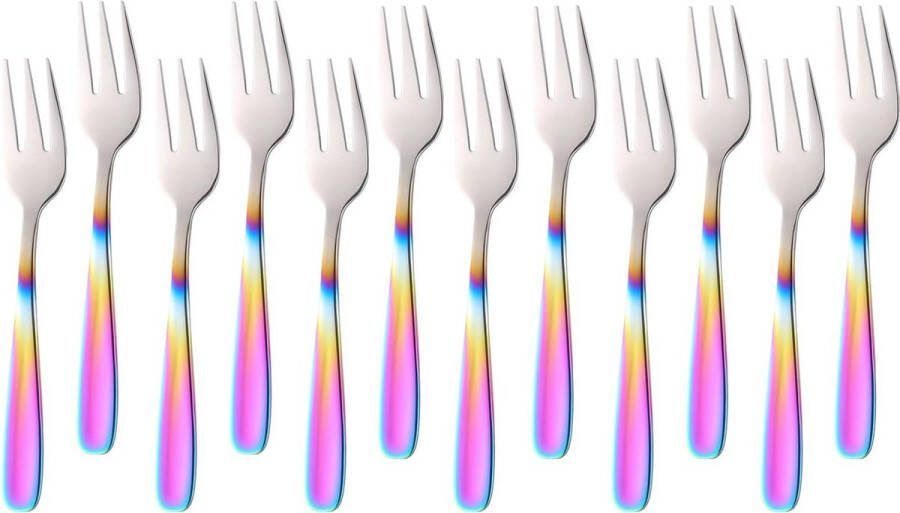 Taartvorken 12 stuks dessertvorken taartvorken van roestvrij staal fruitvorken kleine vork voor bruiloft cake thee 13 6 cm lang (kleurverloop regenboog)