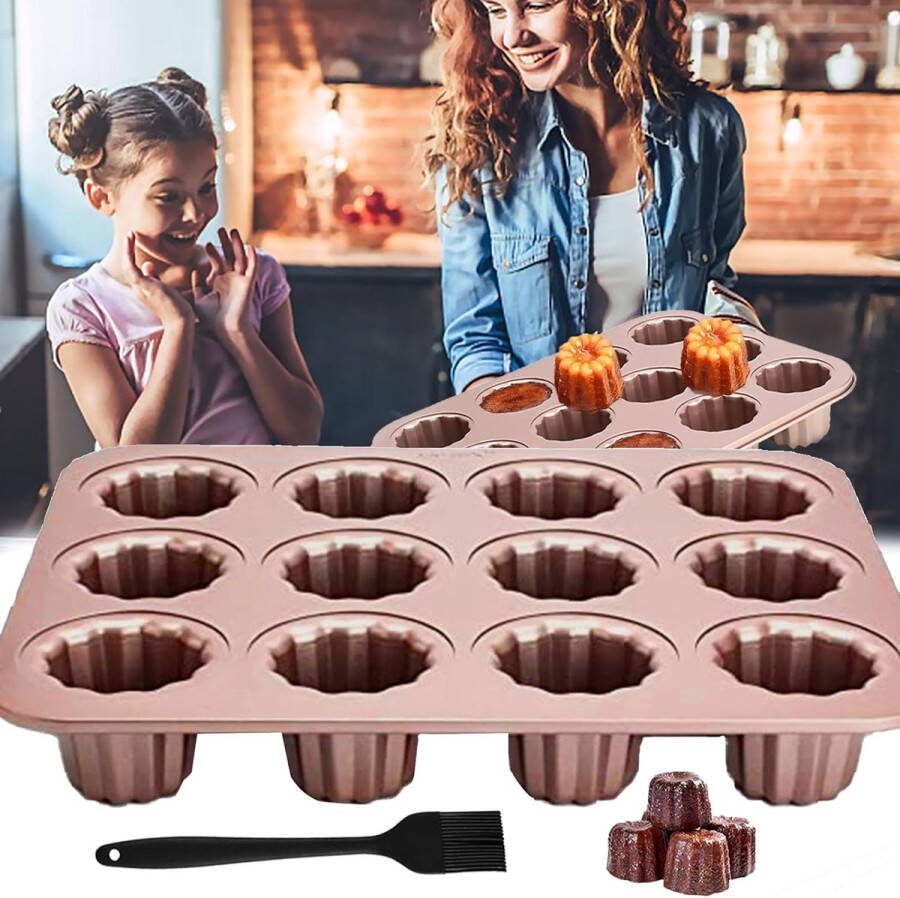 Taartvorm 12 holtes Bakvorm Koolstofstaal Antiaanbaklaag voor Cannelés Muffin Pudding Cupcake Brood Champagne Goud