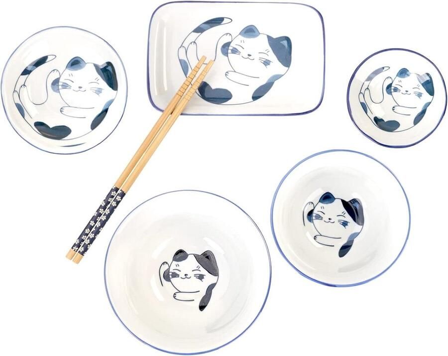Tableware Set Hand Painted Japanese Cat Decoration Bowls Plates Chopsticks 6-Piece Sushi Set
