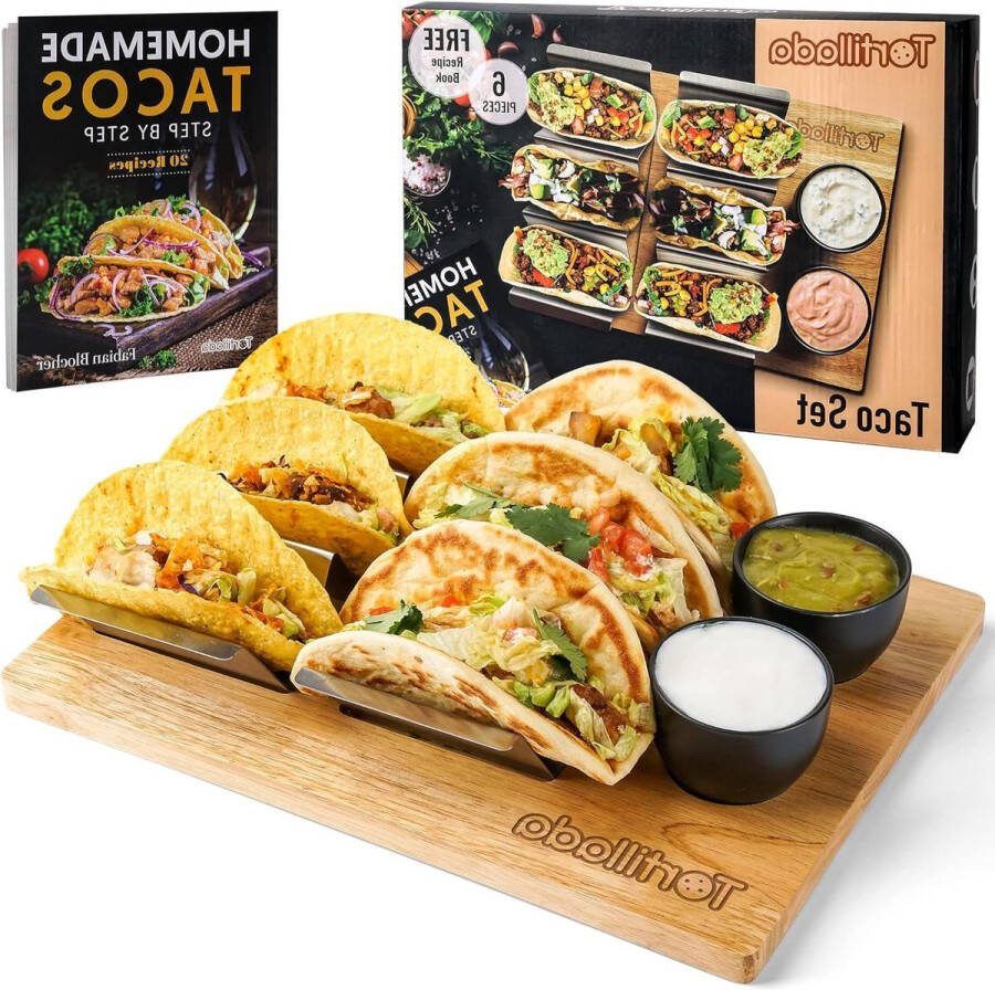 Taco houders Set van 2 Roestvrij staal met houten dienblad incl. 2 keramische dip kommen + receptenboek taco press