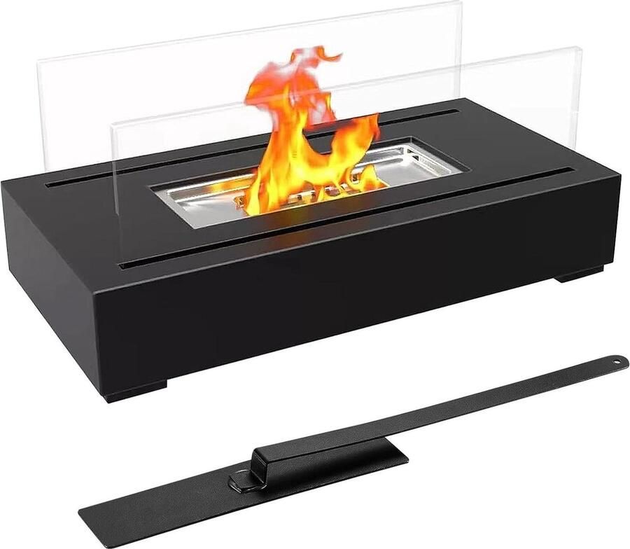 Tafelhaard alcohol metalen brander voor binnen draagbare bio-ethanol haard met blusser en trechter echte open haard voor buiten (zwart) Tafelhaard