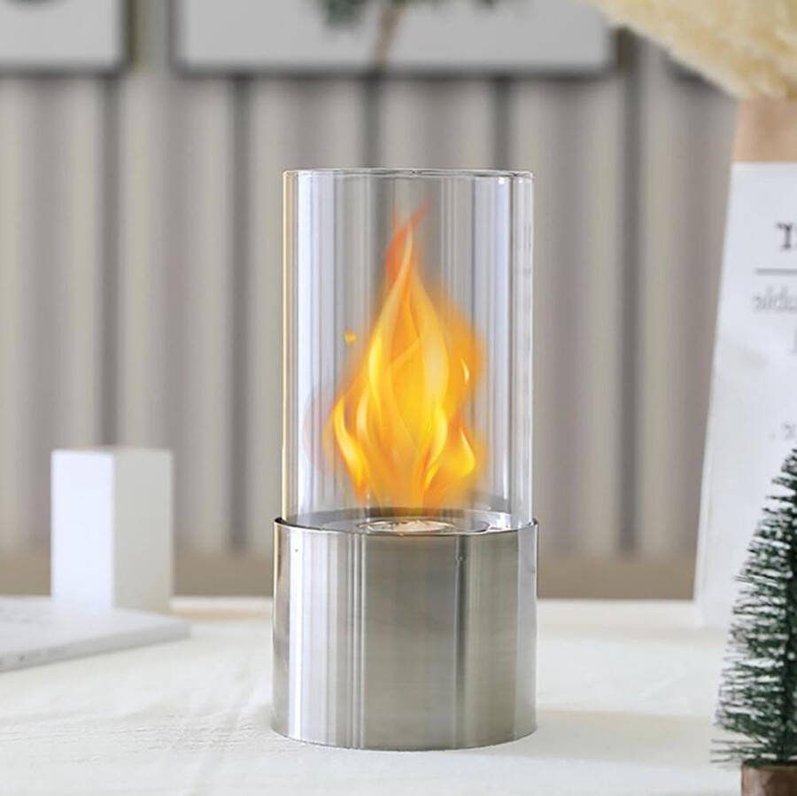 Tafelhaard Draagbare tafelhaard met cilindrisch glas 25 cm hoog Tafelblad vuurschaal Pot schoon brandende bio-ethanol Ontluchtingsopen haard voor binnen buiten Terrasfeesten Zilver Tafelhaard