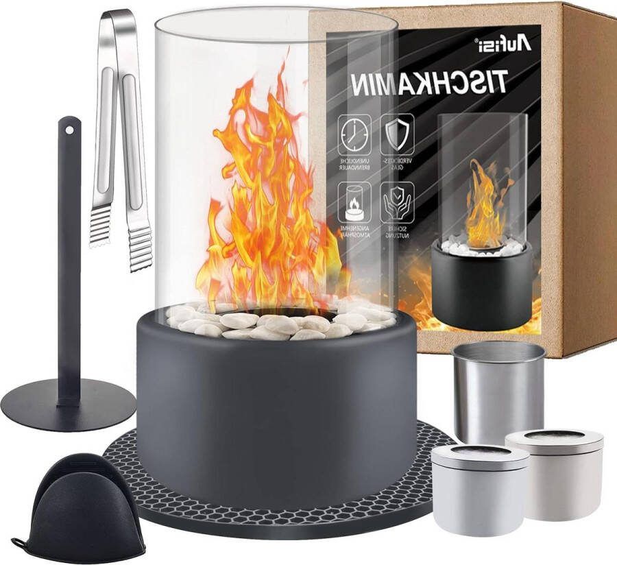 Tafelhaard met 2 verbrandingskamers Bio-ethanol voor binnen en buiten Oneindige brandduur Decoratieve stenen Siliconen warmtegeleidingspad Tafelhaard