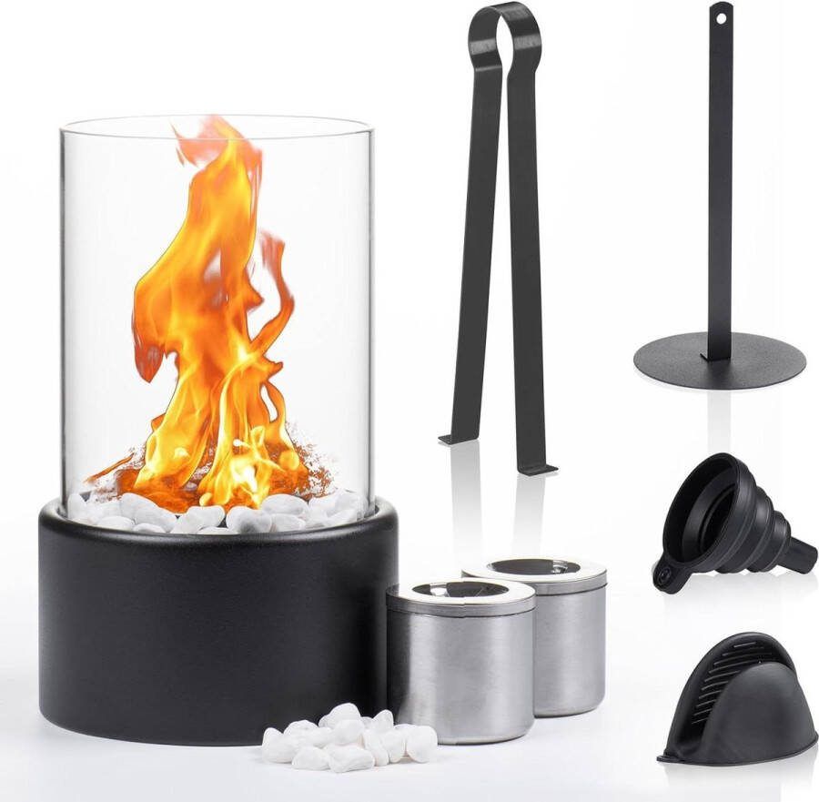 Tafelhaard tafelvuurset voor binnen en buiten met witte decoratieve stenen bio-ethanol open haard voor oneindige brandduur terrasvuur balkondecoratie. Tafelhaard