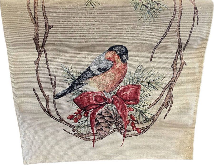Tafelloper Kerst luxe Gobelinstof Noel Birds- Kerstbloem Vogel Roodborstje Kardinaalvogel loper 40 x 100 cm