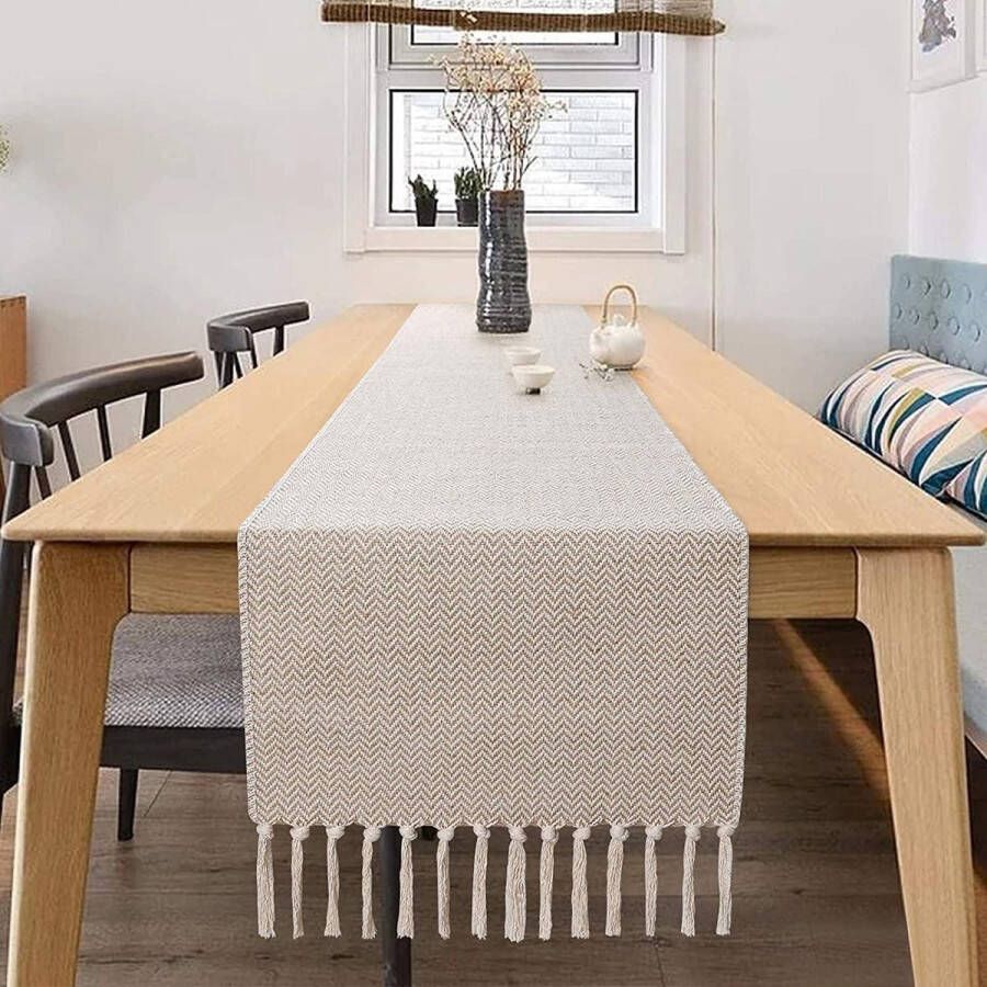 Tafelloper van 240 x 33 cm katoenen vlas tafelloper met handgemaakte kwasten eettafeldecoratie voor picknick en feest keuken en bruiloft
