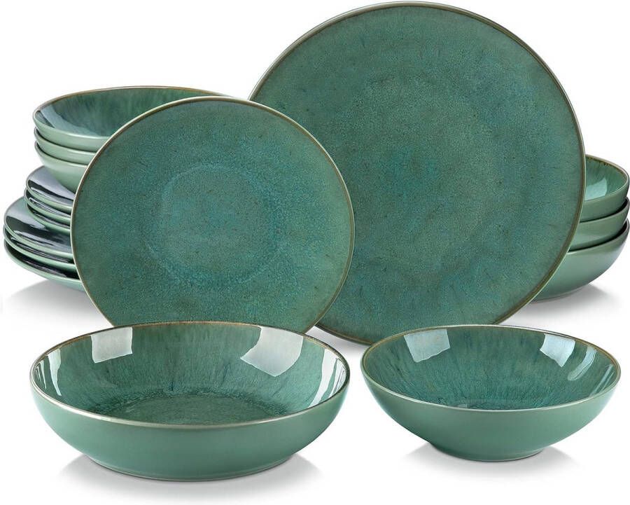 Tafelservies 16-delige combiserviesset van aardewerk serviesset in vintage look voor 4-12 personen Groen met populaire zoekwoorden toegevoegd