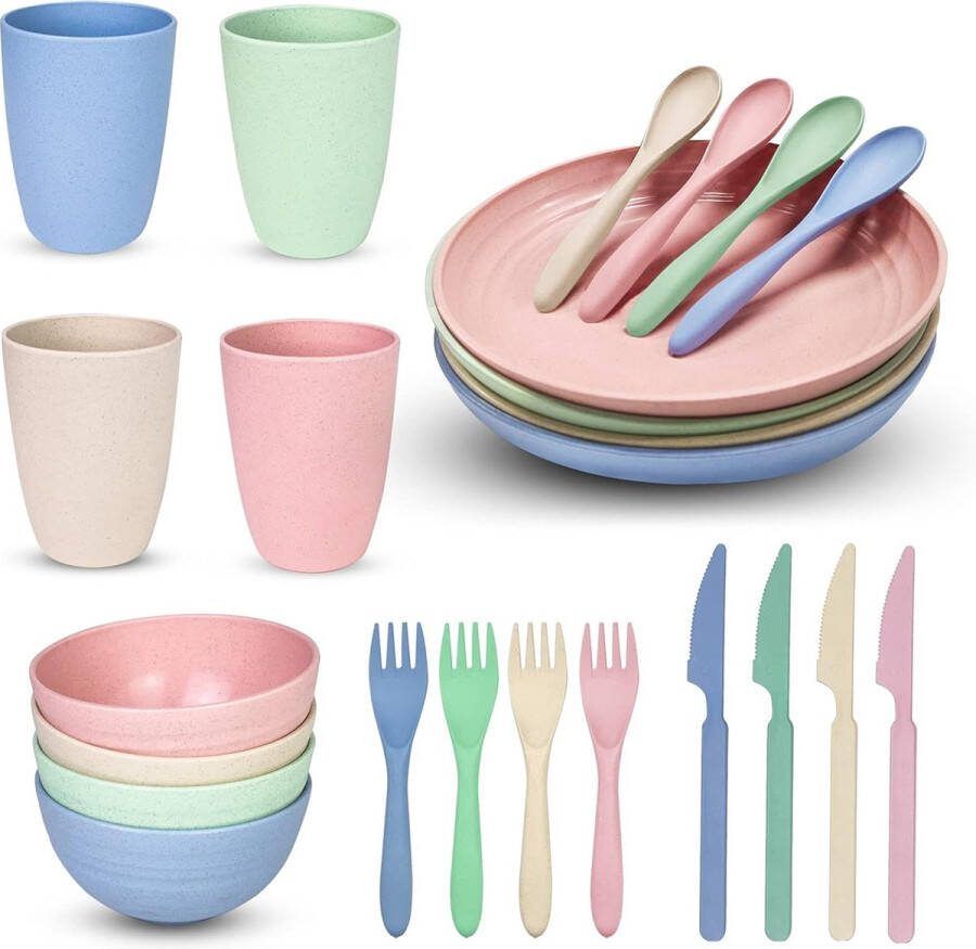 Tafelservies 24-delig campingservies picknickservies tafelservies voor 4 personen tafelserviesset incl. borden schalen kopjes vorken lepels en messen