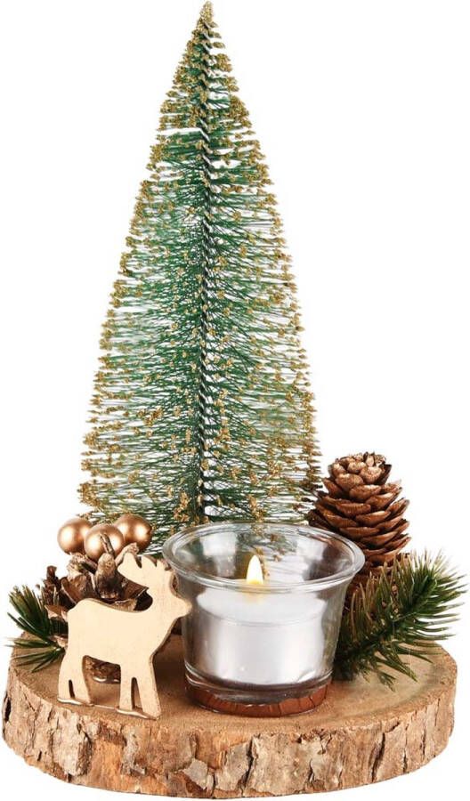 Tafelstukje rond met hert theelichthouder en kerstboom Groen goud creme 14 x 14 x 21 cm hoog