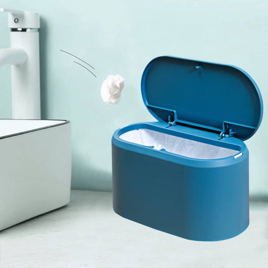 Tafelvuilnisemmer kleine prullenbak voor kantoor prullenmand met deksel voor badkamer keuken kantoor draagbare handgreep afvalbak blauw