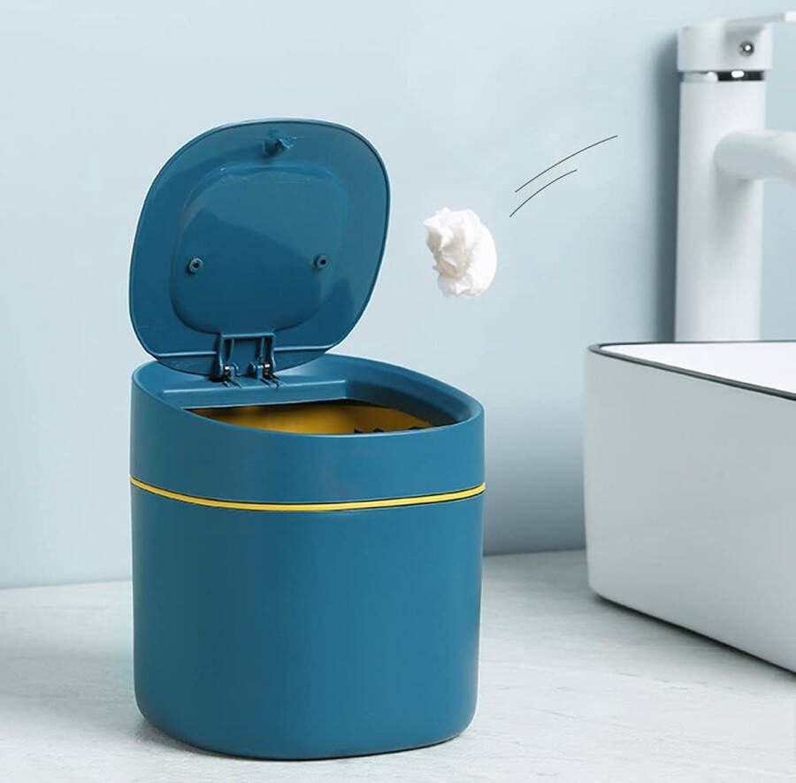 Tafelvuilnisemmer prullenmand met deksel kleine vuilnisemmer kantoor voor badkamer keuken kantoor draagbare handgreep afvalbak blauw