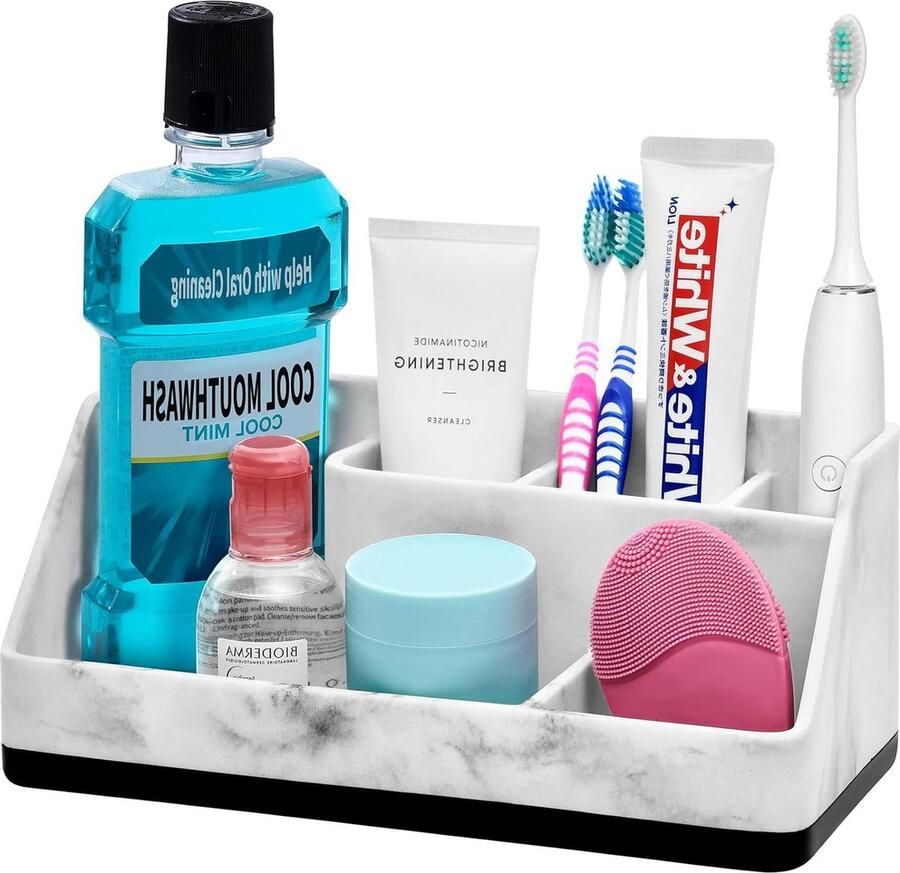 Tandenborstelhouder voor badkamer Badkamerorganizer met 5 compartimenten Opslag voor tandpasta ijdelheidsteller Marmeren kleur (5G wit)