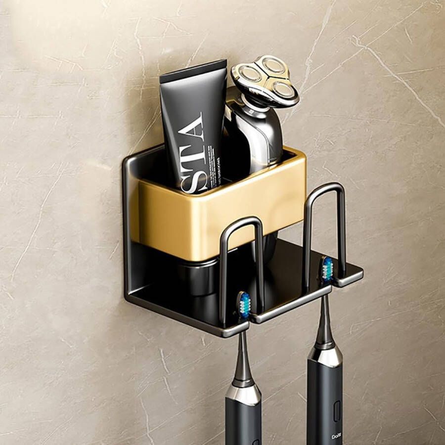 Tandenborstelhouder wandmontage met 2 tandenborstel-organizer-sleuven en 2 kopgleuven badkamer roestvrij stalen tandenborstelhouder voor badkamer (zwart goud)