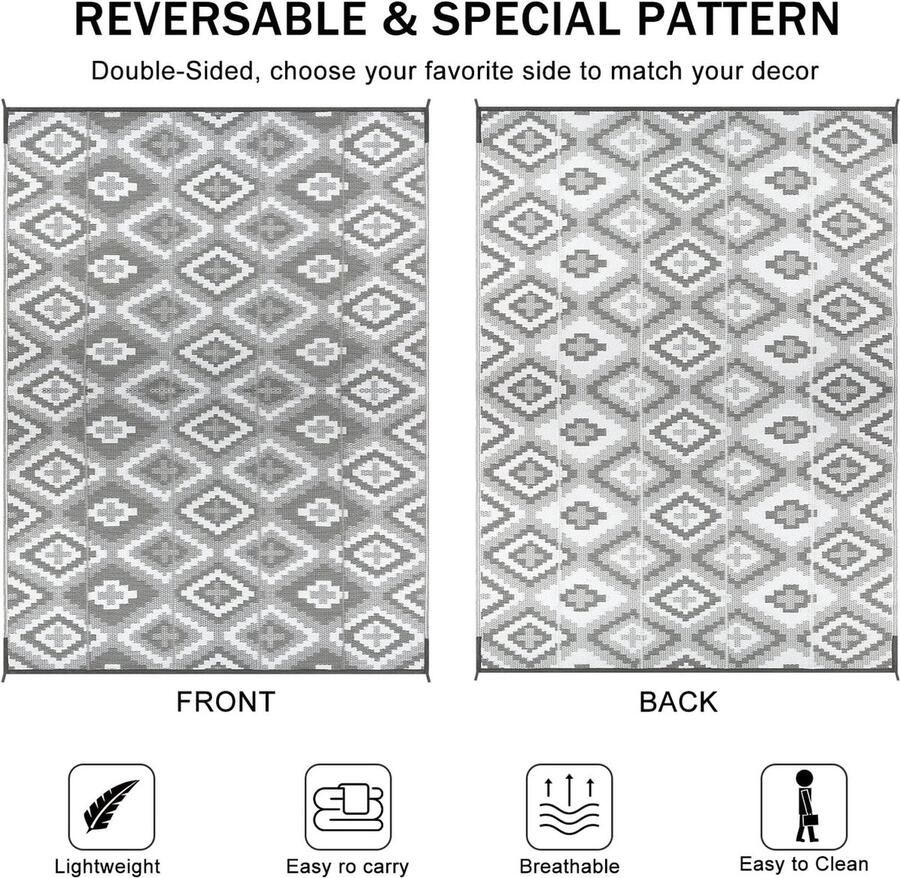 Tapijt voor buiten binnen picknickplaats 150 x 240 cm groot geweven vloertapijt duurzaam opvouwbaar plastic rietkleed gerecycled uv-bestendig tuintapijt voor achtertuin veranda terrassen