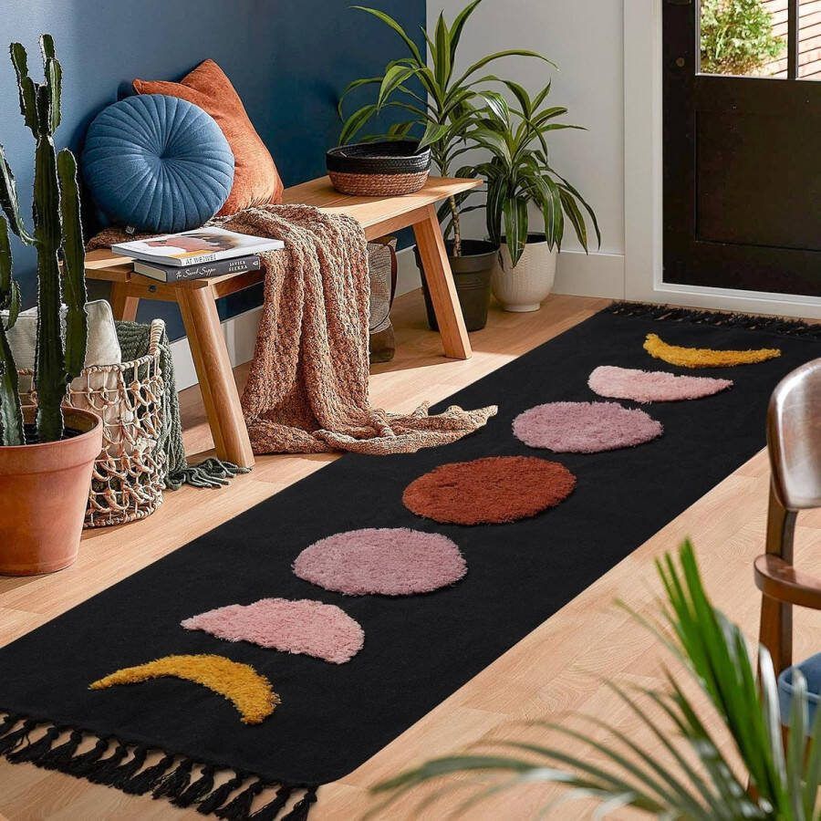 Tapijtloper voor gang lang 60 x 180 cm boho zwart maan getuft katoenen tapijt met geweven kwastjes wasbaar tapijt voor badkamer keuken woonkamer slaapkamer hal eetkamer