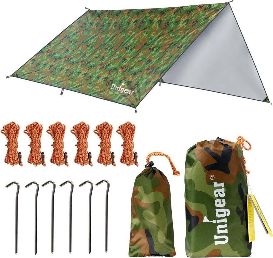Tarp 3 x 3 waterdichte camouflage tentzeil tarp voor hangmat waterdicht met oogjes + 6 haringen + 6 touwen regenbescherming zonwering voor outdoor camping herbruikbaar
