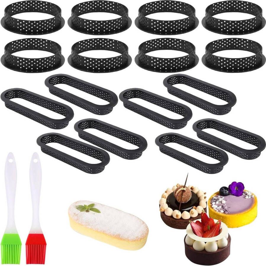 Tartlettvormpjes geperforeerd mini-tarteletvormpjes doe-het-zelf mousse cake bakvorm set van 16 ronde ovale anti-aanbaklaag kleine taartringen met 2 penselen voor gezinnen tartelette vormen