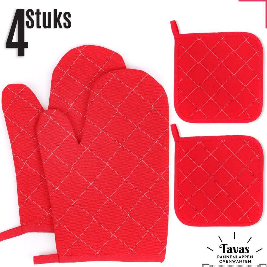 Tavas Dream Set 2 Grote Ovenwanten en 2 Pannenlappen Hittenbestendig Katoen Thermolite tot 200°C Rood