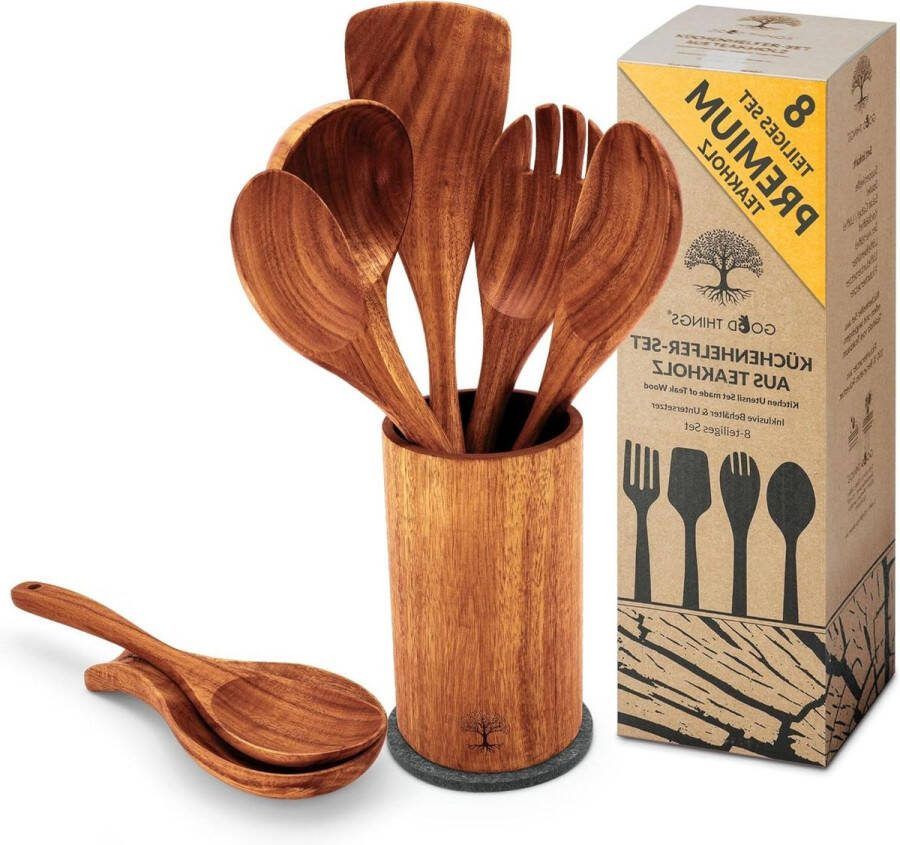 Teakhouten kookgerei set 8-delige kooklepelset van hout duurzaam hittebestendig keukengerei keukenhulp houten servies