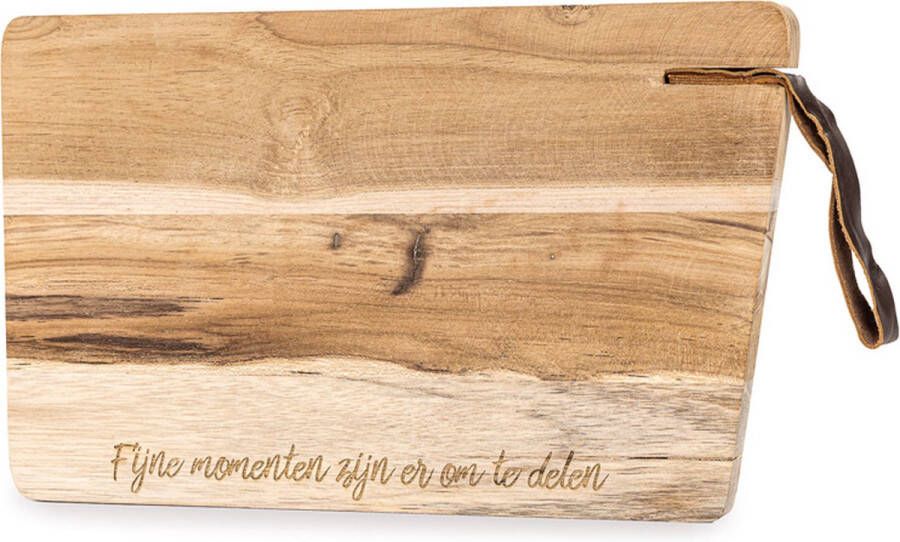 Teakhouten serveerplank met leren hengsel Fijne momenten zijn er om te delen lengte 30cm