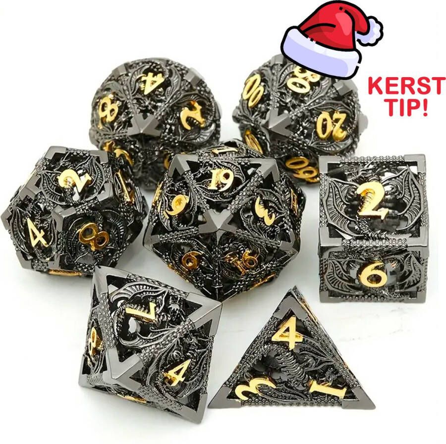 Team Bicep Metalen Dobbelstenen Set Dragon design Zwarte Draken met Goude Cijfers Voor D&D en Magic the Gathering Skull & Bones Antique Copper set van 7 Inclusief Cadeauzakje Voor Kerst & Sinterklaas Cadeau