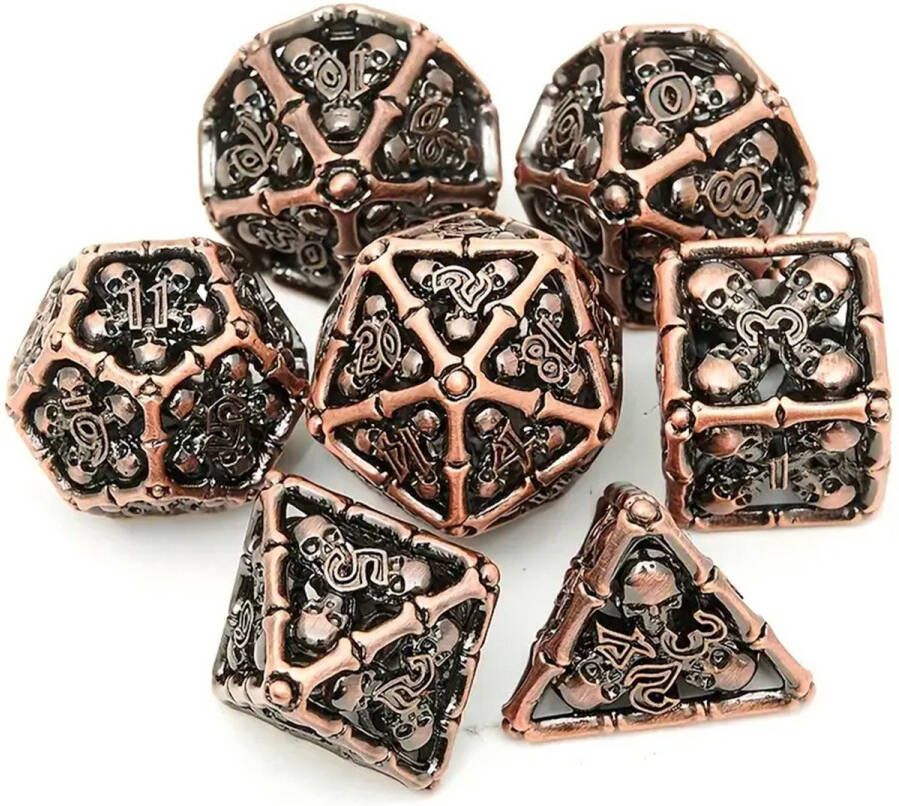 Team Bicep Metalen Dobbelstenen Set Skeleton Bones Voor D&D en Magic the Gathering Skull & Bones Antique Copper set van 7 Inclusief Cadeauzakje Voor Kerst & Sinterklaas Cadeau