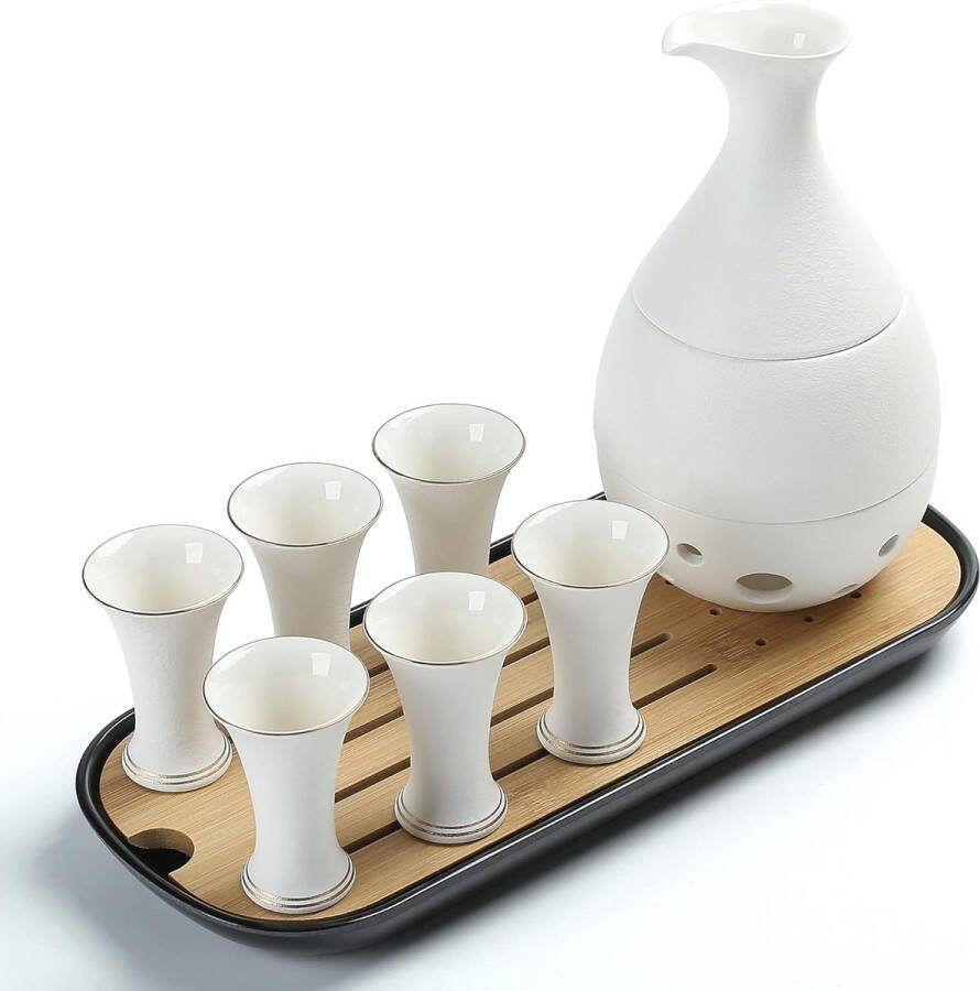 TEANAGOO Sake Set Japanese Traditional Sake Rijstwijnkaraf (170 ml) met 6 Sake Kopjes (25 ml) voor Warme of Koude Japanse Soju met Serveer Bamboe Dienblad Geschenk Sets 10 Stuks Set