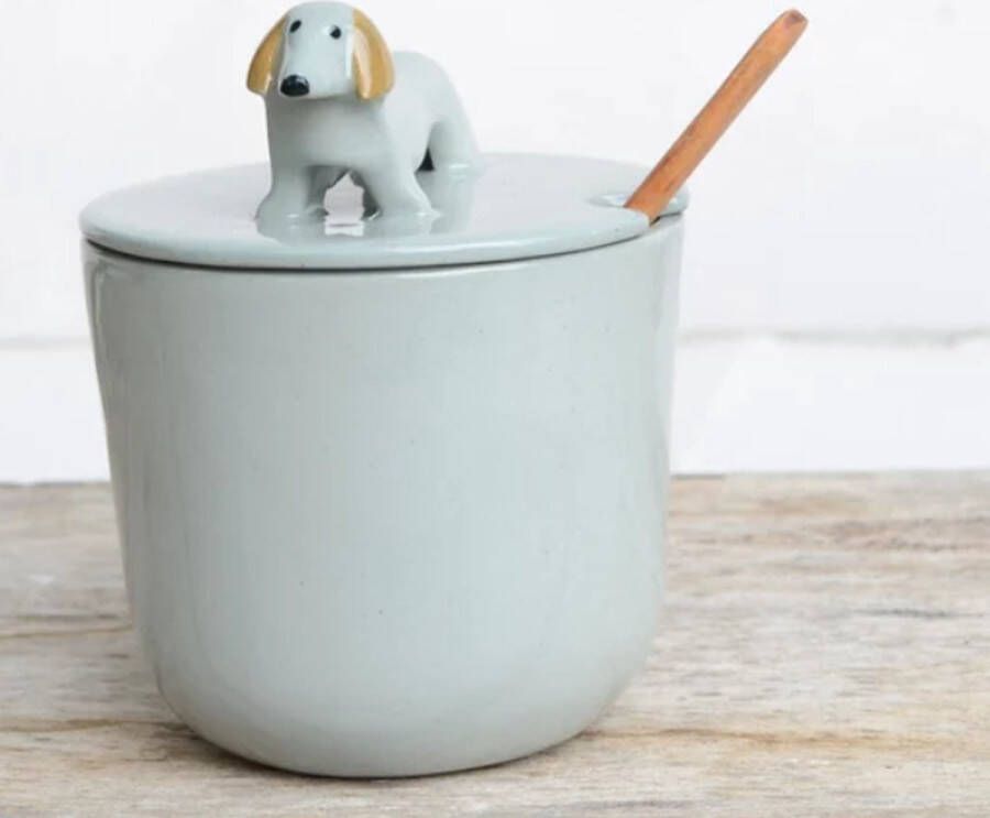 Teckel hond porselein suikerkom suikerpot suiker zout zoutkom turquoise groen mintgroen kom pot voorraadpot