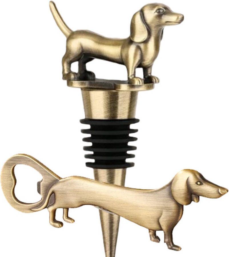 Teckel set flessenstop en flesopener brushed brons bronzen flessenstop wijnkurk wijnstop hond brons kurk wijnafsluiter bronzen flessenopener flesopener bieropener sleutelopener