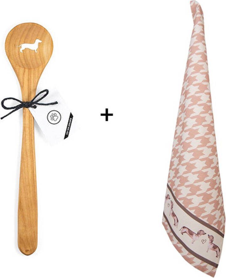 Teckel theedoek (50x70cm) inclusief Teckel lepel (30cm) keukenhanddoek houten lepel spatel pollepel handdoek hond teckelprint ruit
