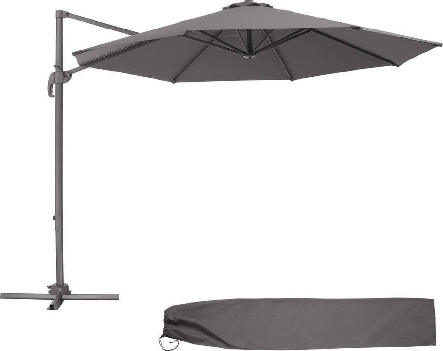 Tectake Grote zweefparasol met beschermhoes Ø 300 cm in hoogte verstelbaar opvouwbaar met voetpedaal en zwengel UV-bescherming 50+ Tuinparasol voor terrasoverkapping of balkon grijs