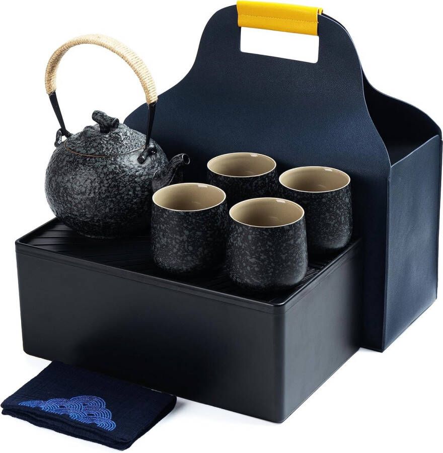 Teekanne draagbaar Japans theeservies houtskoolgrijs reisporseleinen theeservies 1 Teekanne (700 ml 25 oz) + 4 Teetassen (205 ml 7.2 oz) U2 theeblad opbergkoffer theeset Teekanne en tas
